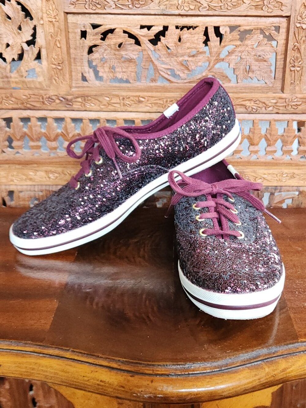 Limited Edition Kate Spade x Keds Glitter Sneakers in Burgundy - Low Top